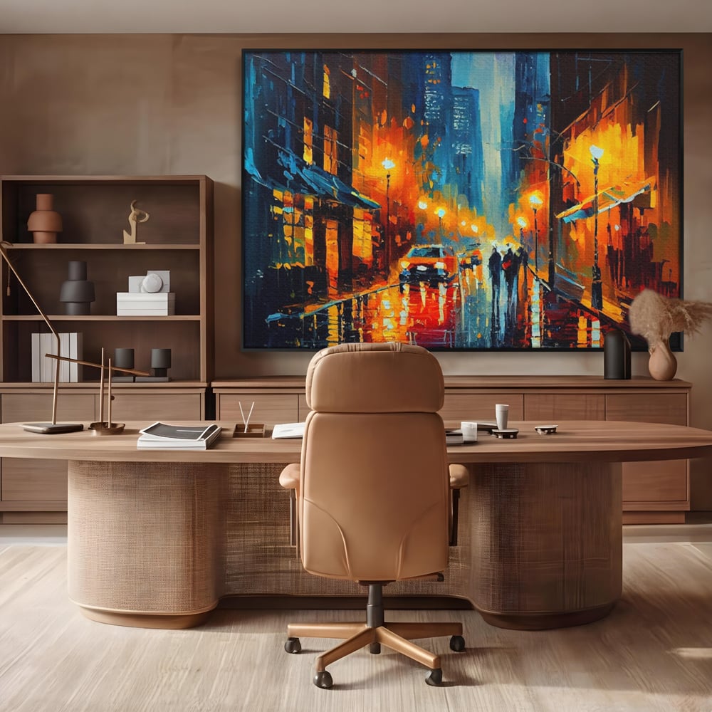 Tablou canvas cu pictura stradala cu oras plouat, in rama de aluminiu negru, pe perete intr-un birou